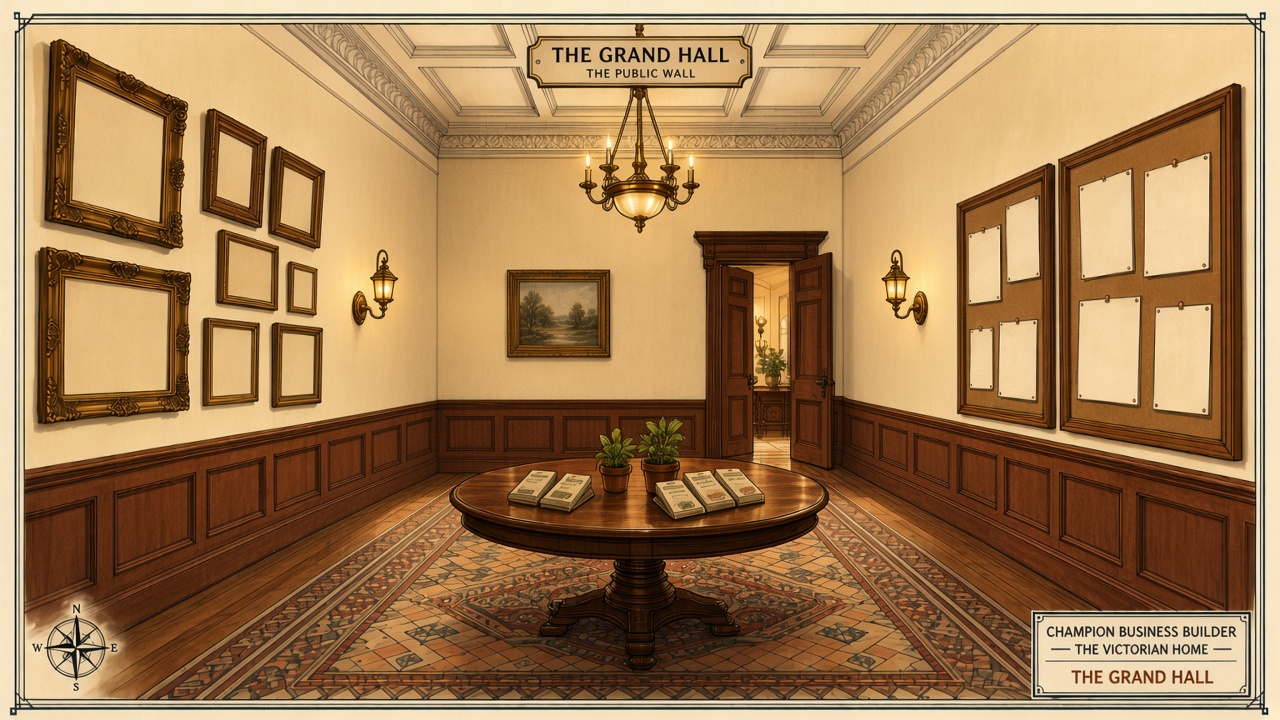 The Grand Hall: a gallery wall of frames on the left, a round table of seed packets in the centre, doors to the foyer at the back, and two notice boards on the right.